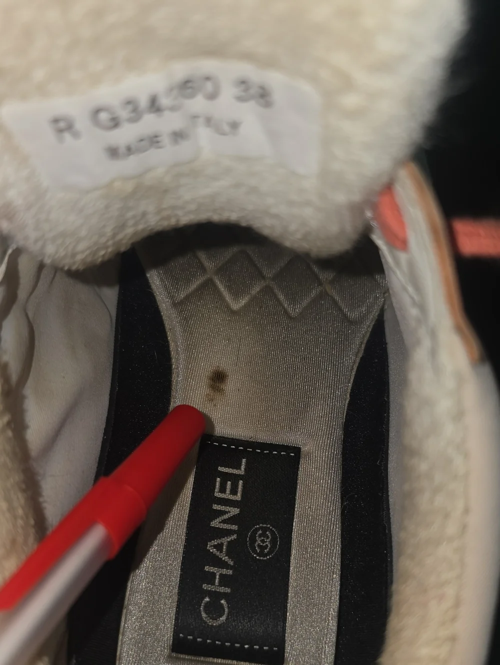 CHANEL Multicolor Leather & Suede Sneaker with Coral and Blue Accents